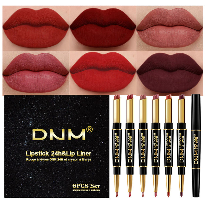 6Pcs Lip Liner and Lipstick Set,DNM Double Head Matte Mat Lipstick 24H & Lip Liner 2 in 1 Makeup Set for Black Women Waterproof Long Lasting 24 Hours Dark Red Lipstick Matte Gift Kit with Lipliner 02