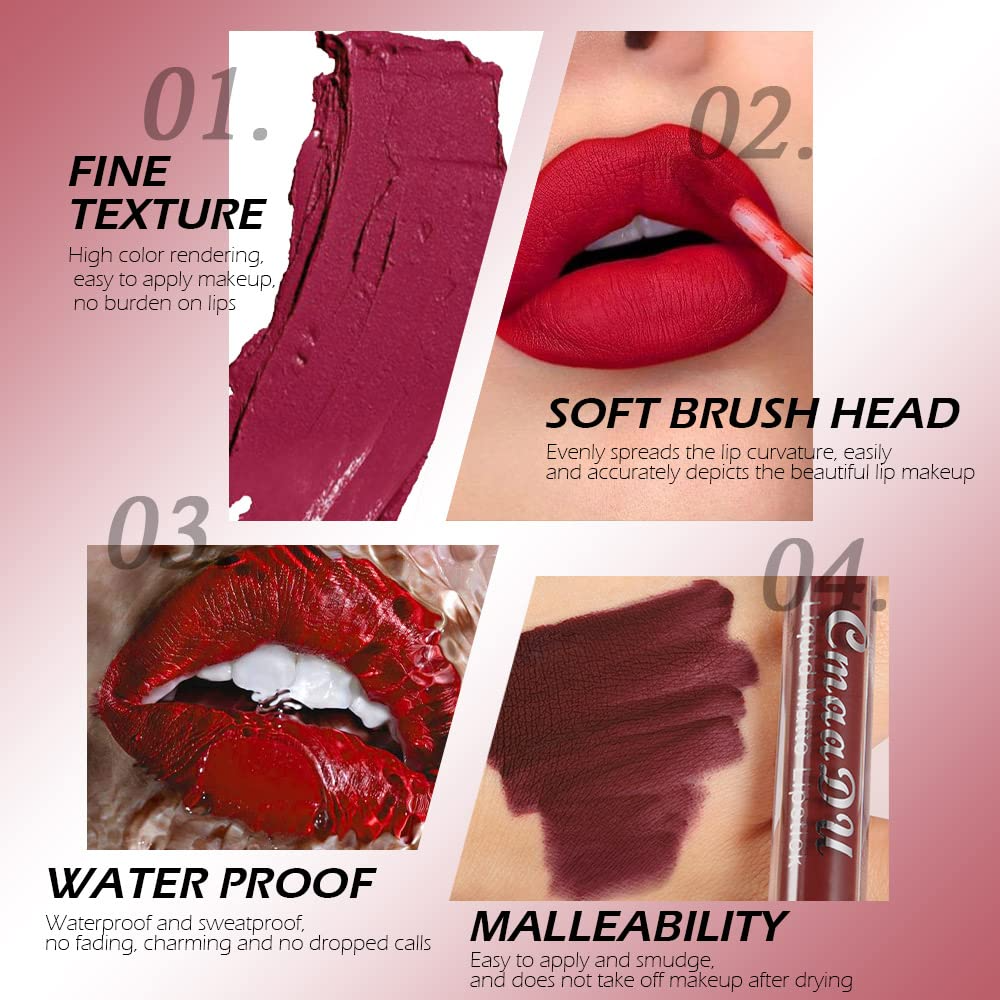 CmaaDu 6Pcs Matte Liquid Lipstick Set labiales mate 24 horas originales matte larga duracion 24, Deep Dark Red Stay on Matte Lipstick Long Lasting 24 and Waterproof Permanent Lipsticks 24 Hours A-07