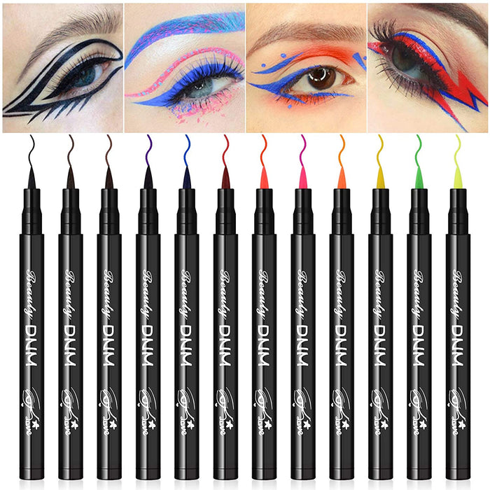 evpct 12Pcs Matte Waterproof Colored Colorful Rainbow Liquid Eyeliner Liner Color Pen Set,Bright Pink Red Purple Blue Black Liquid Eyeliner Colorful Pencil Set for Women delineador de ojos de colores