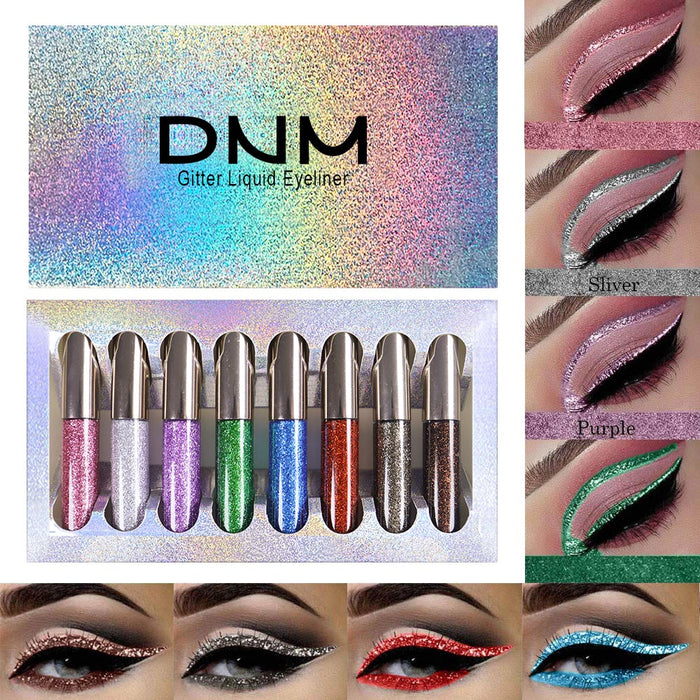 8 Colors Glitter Eyeliner Liquid Makeup Set delineadores de colores,DNM Eye Glitter Liquid Eyeliner Colorful Set Gold Silver Sparkling Shimmer Liquid Eyeliner Liner for Eyes Eyeshadow Waterproof 03