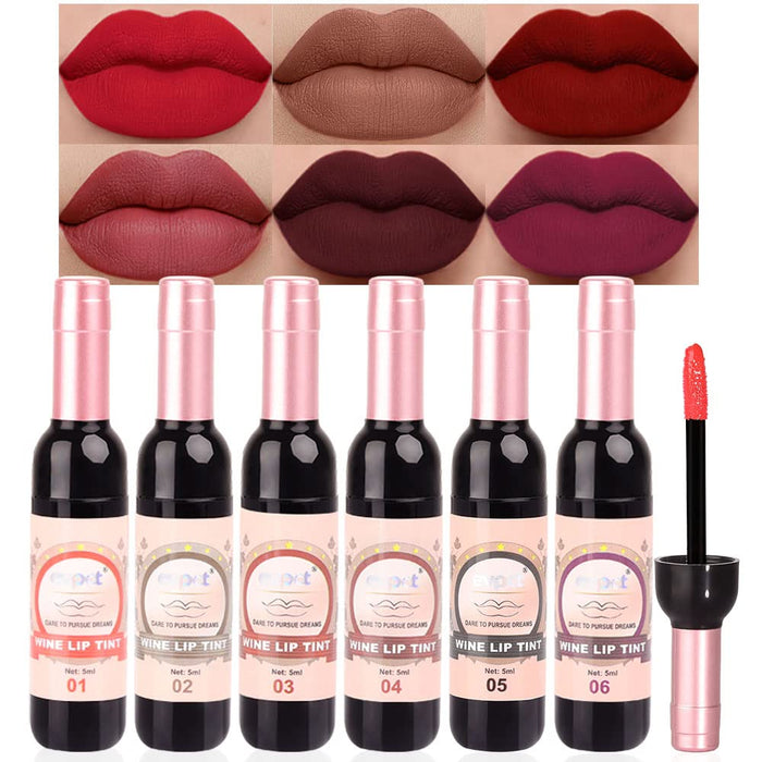 evpct 6Pcs Wine Bottle Lip Tint Matte Lipstick Sets labiales mate 24 horas originales labiales en forma de vino,Red Matte Liquid Lipstick Pack Lip Gloss Stain Set for Women long lasting smudge proof