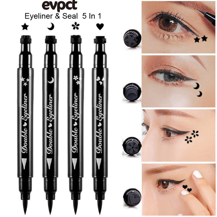 evpct 4 in 1 Flowers Hearts Moon Stars Shapes Face Stamps Eyeliner Pen Set, Face Tattoo Makeup Stamp Liquid Eyeliner Black Wing Winged Cat Eye Freckle Stamp Eyeliner Pencil Pen Waterproof Long Lasting