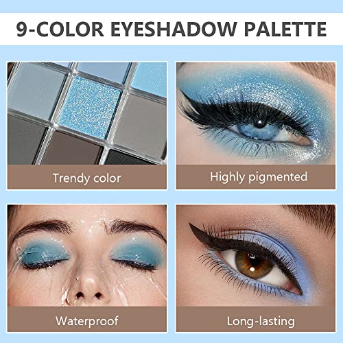 CAKAILA 9 Colors Blue Grey Highly Pigmented Colorful Eyeshadow Palette,Matte Shimmer Navy Blue Sky Blue Grey Eye Shadow Makeup Palettes,Long