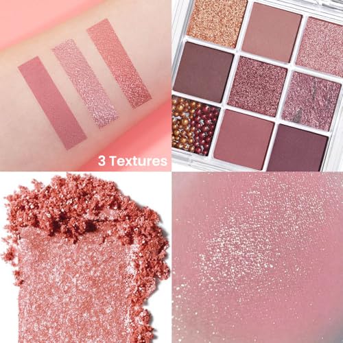9Colors Pink Brown Violet Sparkly Eyeshadow Makeup Palette,Korean Natural Hypoallergenic Glitter Eyeshadow Palette,Highly Pigmented