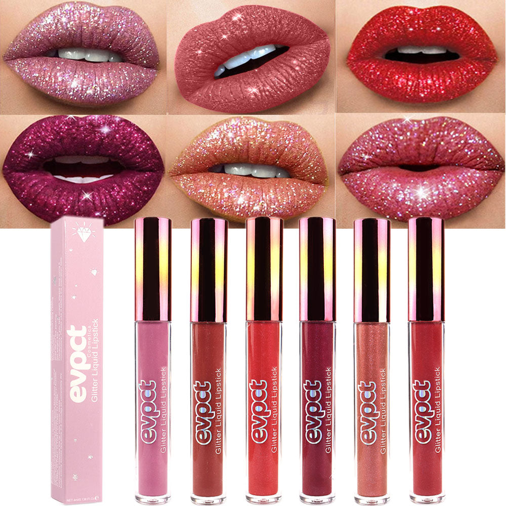 evpct 6Pcs Matte to Glitter Liquid Lipstick Long Lasting Lip Set Kit,6 Color Diamond Shiny Dark Red Pink Purple Glitter Sparkly Glossy Metallic Shimmer Sparkle Waterproof Lipstick Lip Gloss for Women