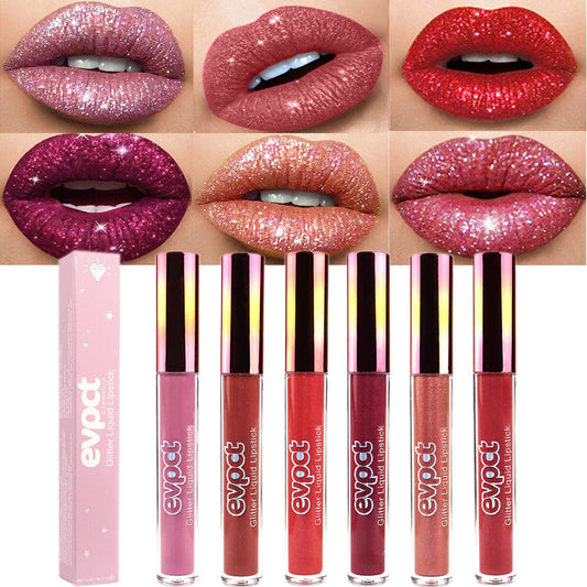 evpct 6Pcs Matte to Glitter Liquid Lipstick Long Lasting Lip Set Kit,6 Color Diamond Shiny Dark Red Pink Purple Glitter Sparkly Glossy Metallic Shimmer Sparkle Waterproof Lipstick Lip Gloss for Women