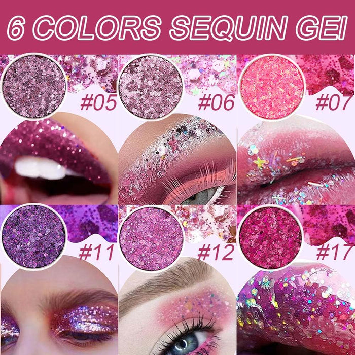 6Pcs Single Glitter Sparkle Eyeshadow Palette Glitter Glue Gel Pallete Eyeshadow Face Body Paint Glitter Neon UV Pink Rose Red Purple Mauve Colorful Sparkly Eye Makeup Glitter Eyeshadow Palette