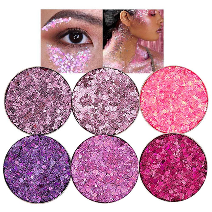 6Pcs Single Glitter Sparkle Eyeshadow Palette Glitter Glue Gel Pallete Eyeshadow Face Body Paint Glitter Neon UV Pink Rose Red Purple Mauve Colorful Sparkly Eye Makeup Glitter Eyeshadow Palette