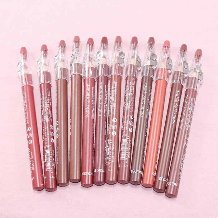 12 Pcs Natural Nude Brown Beige Colors Lip Liner Lipstick Pencils Set for Daily Makeup,Easy to Apply & Remove,Waterproof (set08)