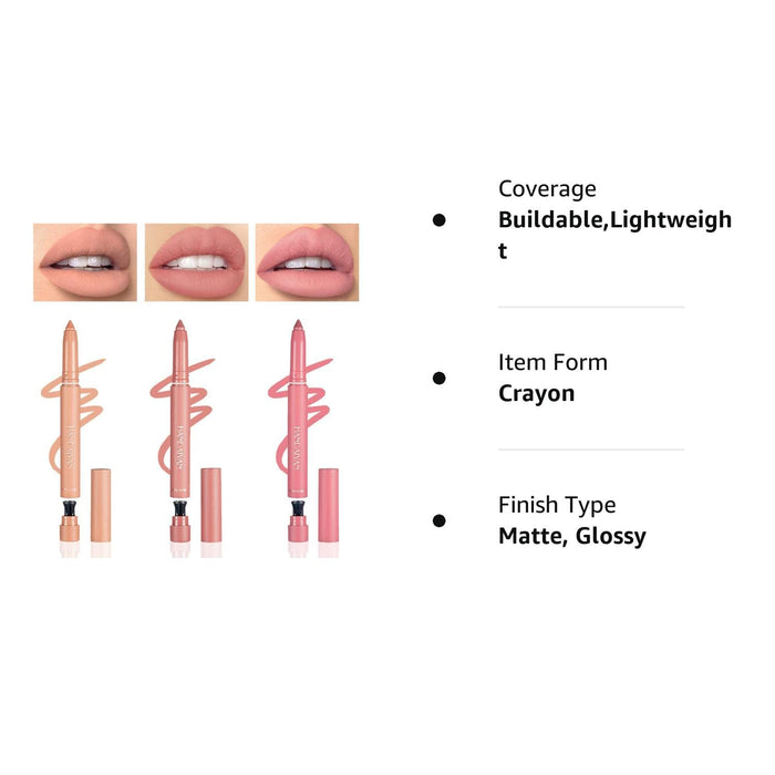 SUAKE Matt Nude Lipstick Lipliner Pack Set, 3 Colors Waterproof Crayon, Longwear Moisture Smooth Matte Lipstick Pencils with Built-in Sharpener, Lip Makeup