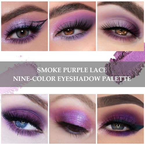 9Colors Purple Smokey Eye Shadow Palette Makeup,Highly Pigmented Eyeshadow Palette Dark Black Purple,Lavender Mauve Dark Purple Eyeshadow Lo