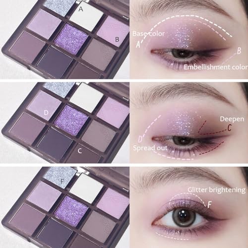 9Colors Purple Smokey Eye Shadow Palette Makeup,Highly Pigmented Eyeshadow Palette Dark Black Purple,Lavender Mauve Dark Purple Eyeshadow Lo