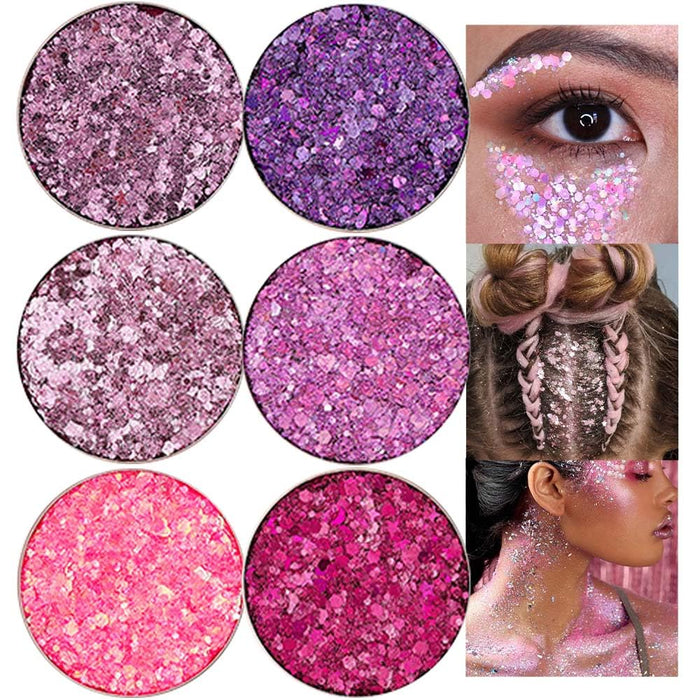 6Pcs Single Glitter Sparkle Eyeshadow Palette Glitter Glue Gel Pallete Eyeshadow Face Body Paint Glitter Neon UV Pink Rose Red Purple Mauve Colorful Sparkly Eye Makeup Glitter Eyeshadow Palette