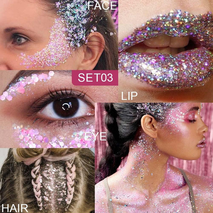 6Pcs Single Glitter Sparkle Eyeshadow Palette Glitter Glue Gel Pallete Eyeshadow Face Body Paint Glitter Neon UV Pink Rose Red Purple Mauve Colorful Sparkly Eye Makeup Glitter Eyeshadow Palette