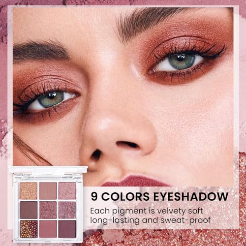 9Colors Pink Brown Violet Sparkly Eyeshadow Makeup Palette,Korean Natural Hypoallergenic Glitter Eyeshadow Palette,Highly Pigmented