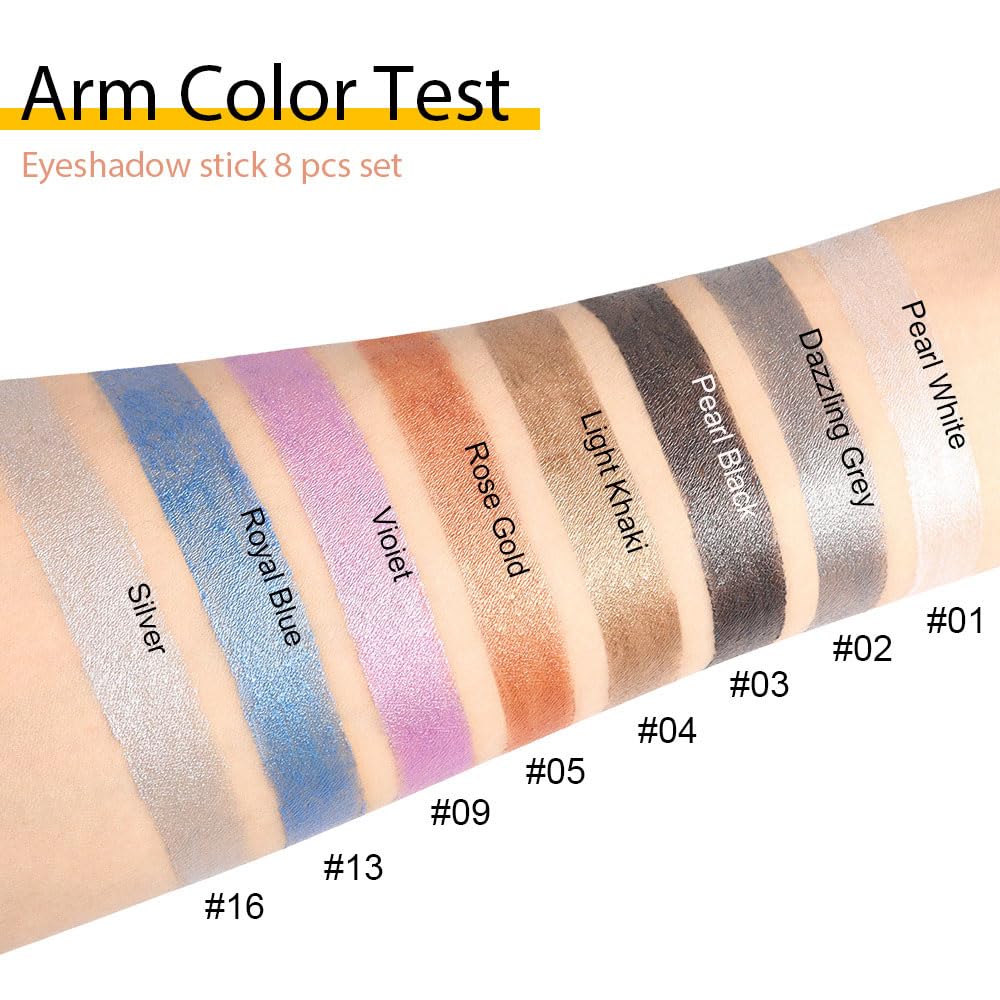 8Pcs Cream Eyeshadow Stick Set for Eyes,Pearl White Black Gray Khaki Royal Blue Vioiet Purple Silver,Eye Brightener Shimmer Makeup Pen,Waterproof Eye Shadow Crayon Pencil,sombras para ojos