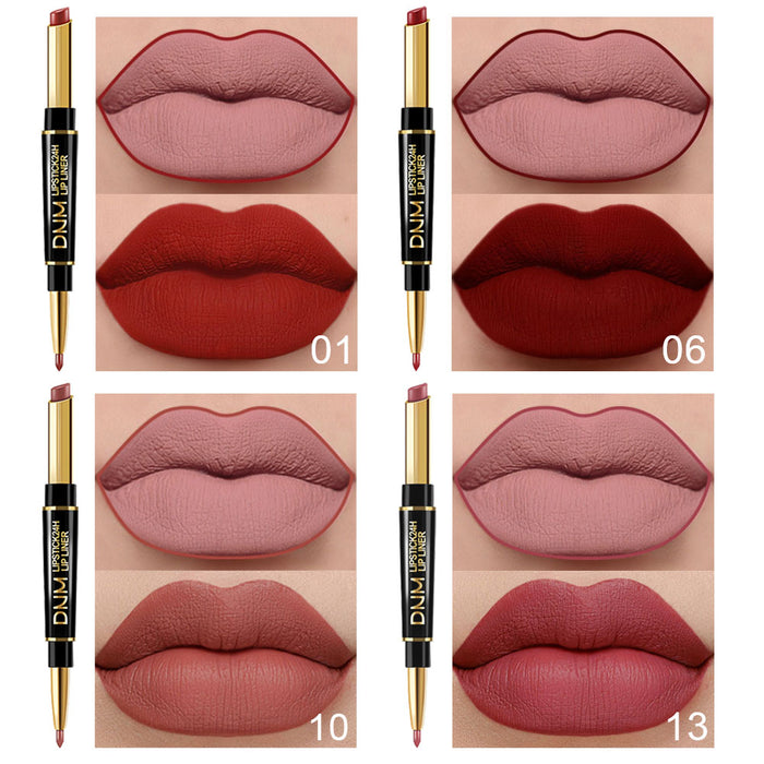 6Pcs Lip Liner and Lipstick Set,DNM Double Head Matte Mat Lipstick 24H & Lip Liner 2 in 1 Makeup Set for Black Women Waterproof Long Lasting 24 Hours Dark Red Lipstick Matte Gift Kit with Lipliner 02