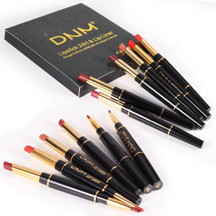 6Pcs Lip Liner and Lipstick Set,DNM Double Head Matte Mat Lipstick 24H & Lip Liner 2 in 1 Makeup Set for Black Women Waterproof Long Lasting 24 Hours Dark Red Lipstick Matte Gift Kit with Lipliner 02