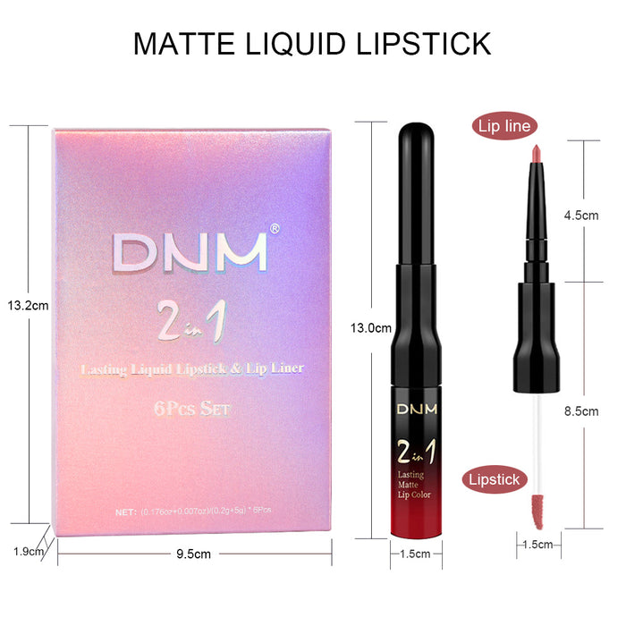 6Pcs Lip Liner and Lipstick Set,DNM Double Head Matte Mat Liquid Lipstick 24H & Lip Liner Color 2 in 1 Makeup Set for Black Women Waterproof Long Lasting All Day Red Lipstick Lipliner Matte Gift Kit