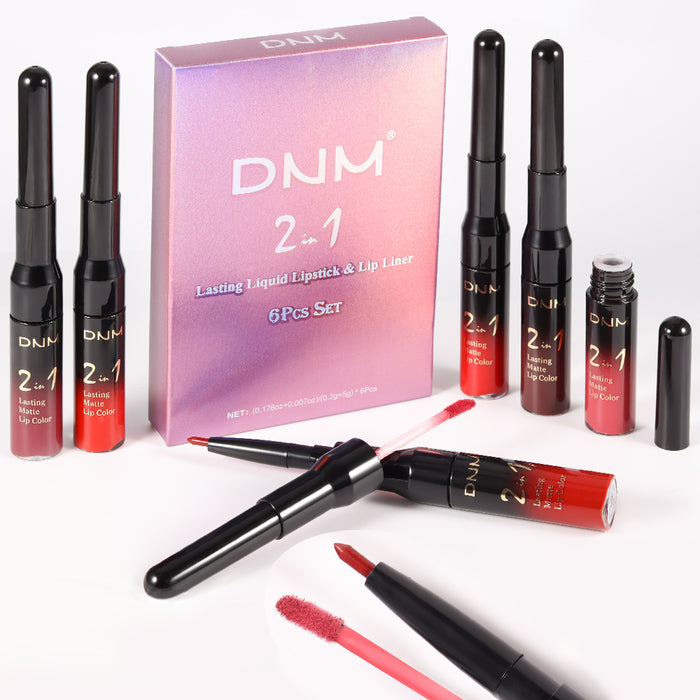 6Pcs Lip Liner and Lipstick Set,DNM Double Head Matte Mat Liquid Lipstick 24H & Lip Liner Color 2 in 1 Makeup Set for Black Women Waterproof Long Lasting All Day Red Lipstick Lipliner Matte Gift Kit