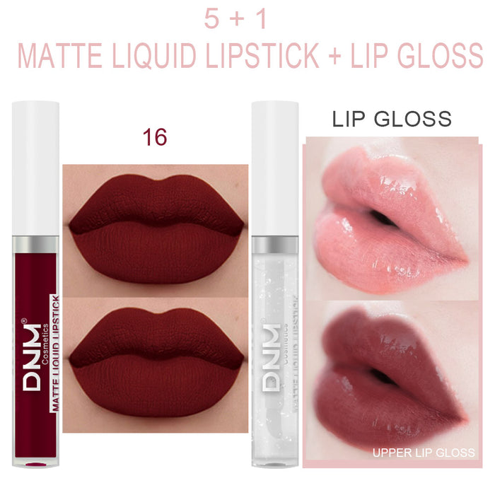 5Pcs Matte Liquid Lipstick+1Pcs Clear Lip Plumping Plumper Gloss Oil Makeup Set Kit, Long Lasting Waterproof Moisturizing Velvet High Pigmented Lipstick Lip Stain Glaze Makeup Gift Sets for Women 03