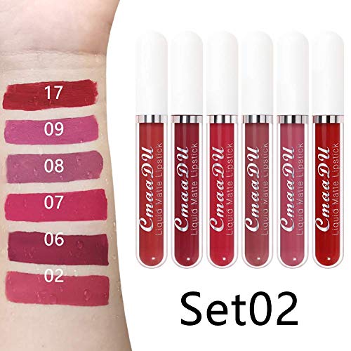 CmaaDu 6Pcs Matte Lipgloss Kit Liquid Lipstick Sets Velvet Long Lasting No Fading Non-stick Cup Lip Gloss Sexy Silky Waterproof Matte Lipstick Lip Makeup (Color-02)