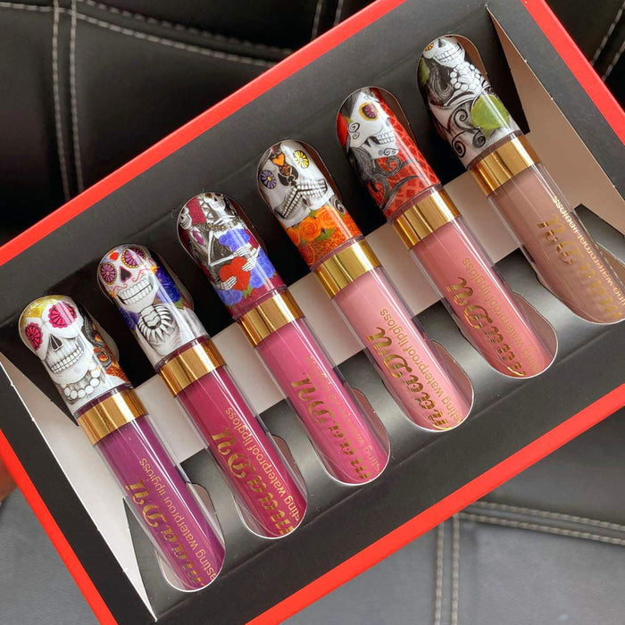 6Pcs Skull Face Matte Liquid Lipstick Set Lip Stain Makeup,24 Hour Long Lasting Waterproof Dark Red Matte Matt Lipsticks Lip Gloss Sets for Women Matt Liquid labiales matte larga duracion 24 Set03