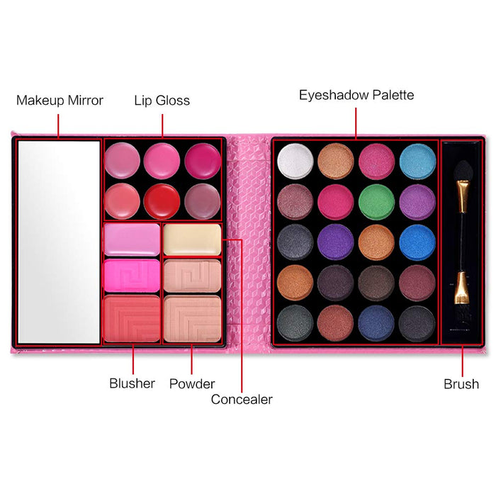 All in One Makeup Kit - 20 Eyeshadow, 6 Lip Glosses, 3 Blushers, 2 Powder, 1 Concealer, 1 Mirror, 1 Brush, Make Up Gift Set for Teen Girls, Beginners And Pros,blush makeup palette