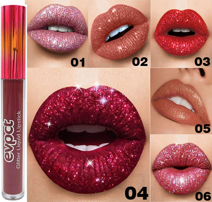 evpct 6Pcs Matte to Glitter Liquid Lipstick Long Lasting Lip Set Kit,6 Color Diamond Shiny Dark Red Pink Purple Glitter Sparkly Glossy Metallic Shimmer Sparkle Waterproof Lipstick Lip Gloss for Women