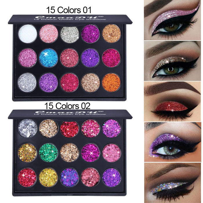 15 Colors Pro Glitter Eyeshadow Palette,Chunky & Fine Pressed Glitter Eye Shadow Powder Makeup Pallet Palettes Mermaid Small Sequins Highly Pigmented Ultra Shimmer Shiny Sparkling for Face Body Set02