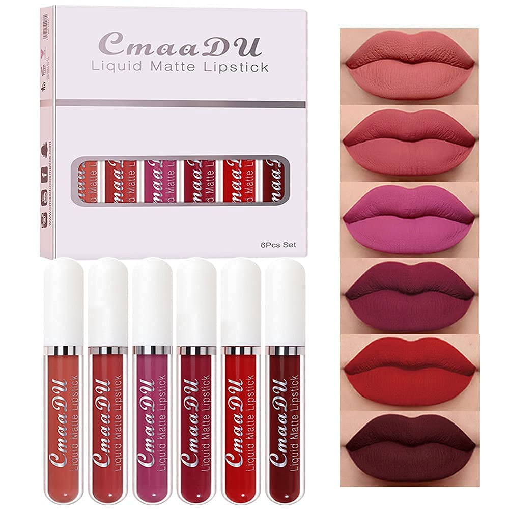 CmaaDu 6Pcs Matte Liquid Lipstick Lipgloss Lip Gloss Stain Makeup Set for Women, Deep Dark Red Original 24 Hour Matte Lipstick Long Lasting labiales matte mate larga duracion 24 horas originales A-03