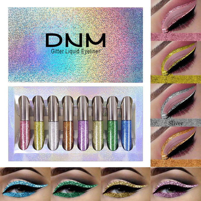 8 Colors Glitter Eyeliner Liquid Makeup Set delineadores de colores,DNM Eye Glitter Liquid Eyeliner Colorful Set Gold Silver Sparkling Shimmer Liquid Eyeliner Liner for Eyes Eyeshadow Waterproof 01