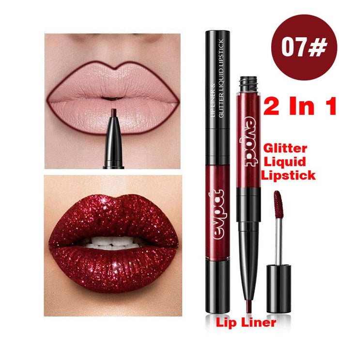 evpct 7Pcs Pink Red Glitter Matte Lip Liner and Liquid Lipstick Set Kit Long Lasting, Matte to Lip Glitter Metallic Dark Red Sparkle Sparkly Glossy Permanent Liquid Lipsticks Lip Gloss Set for Women