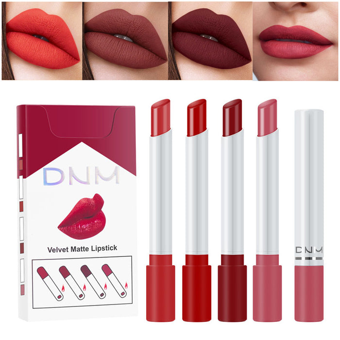 4 Pack Mini Matte Red Cigarette Lipstick Sets Lip Kit, DNM Litte Smoke Tube Moisturizing Velvet Lipstick Lip Stain Long Lasting Waterproof for Women Makeup Lipstick labiales matte larga (A-Set06)