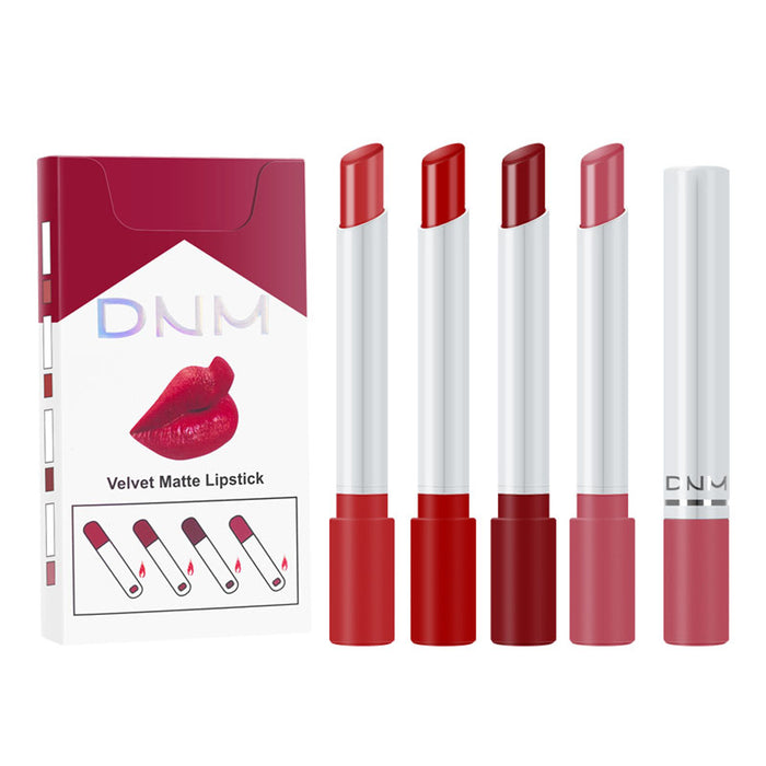 4 Pack Mini Matte Red Cigarette Lipstick Sets Lip Kit, DNM Litte Smoke Tube Moisturizing Velvet Lipstick Lip Stain Long Lasting Waterproof for Women Makeup Lipstick labiales matte larga (B-Set06)