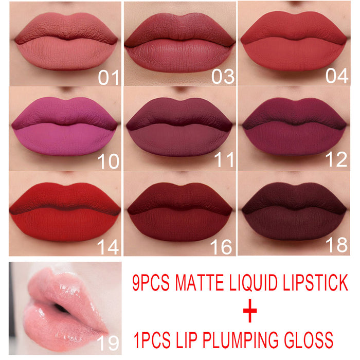 9Pcs Matte Liquid Lipstick + 1Pcs Clear Lip Plumping Plumper Gloss Makeup Set Kit, Long Lasting Waterproof Moisturizing Velvet High Pigmented Lipstick Lip Stain Glaze Makeup Gift Sets for Girls Women