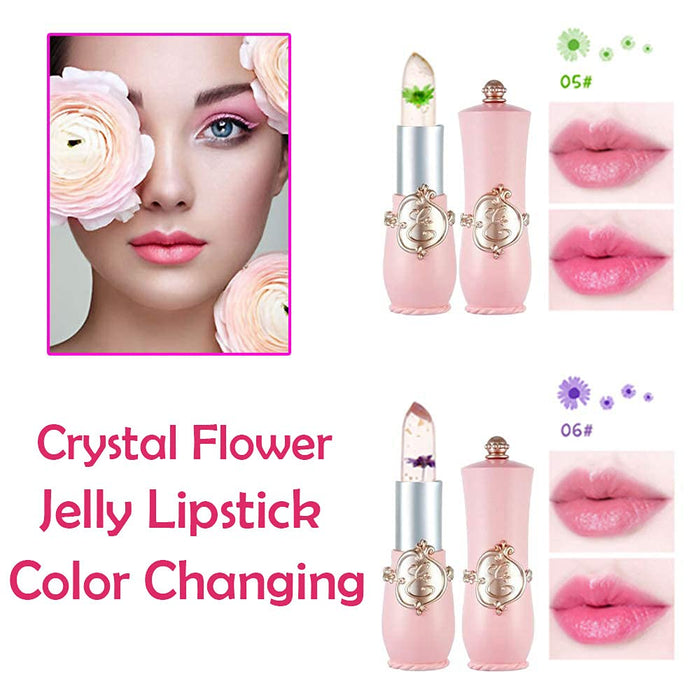 2Pcs Jelly Flower Crystal Magic Lipstick,PH Clear Color Change Changing Jelly Flower Lipstick Lip Balms Gloss Stain Tint Set for Women Girls Aloe Gel Lipstick With Flower Bulk Long Lasting Waterproof