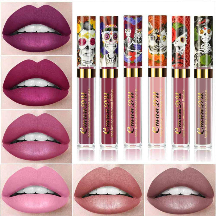 6Pcs Skull Face Matte Liquid Lipstick Set Lip Stain Makeup,24 Hour Long Lasting Waterproof Dark Red Matte Matt Lipsticks Lip Gloss Sets for Women Matt Liquid labiales matte larga duracion 24 Set03