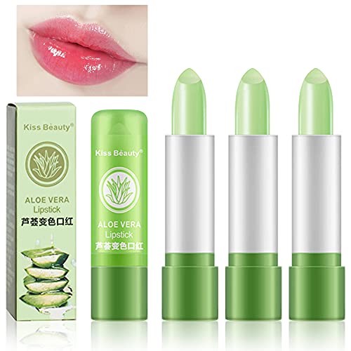3 Pcs Aloe Vera Color Changing Lipstick,Long Lasting Lip Care Nutritious Plumper Lip Balm Moisturizer Magic Temperature Color Change Lip Gloss Matte Makeup(3 Pcs)