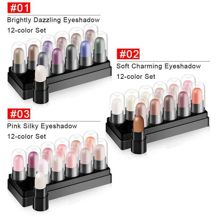 12 Colors Glitter Gradient Eyeshadow Eye shadow Stick Pen Makeup Set, DNM Waterproof Shimmer Pink Eyeshadow Sticks Smoky Makeup Cosmetic (Bright color)