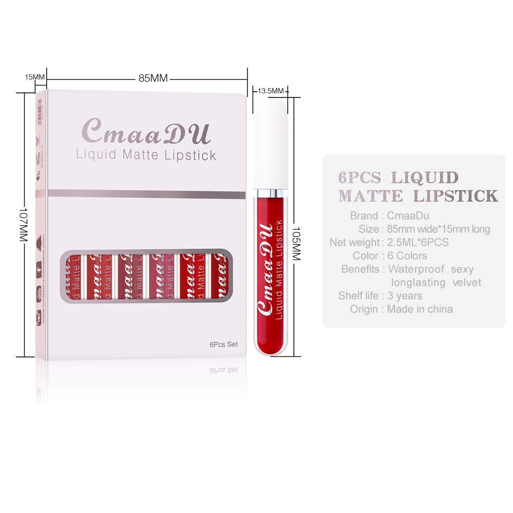 CmaaDu 6Pcs Matte Liquid Lipstick Lipgloss Lip Gloss Stain Makeup Set for Women, Deep Dark Red Original 24 Hour Matte Lipstick Long Lasting labiales matte mate larga duracion 24 horas originales A-02