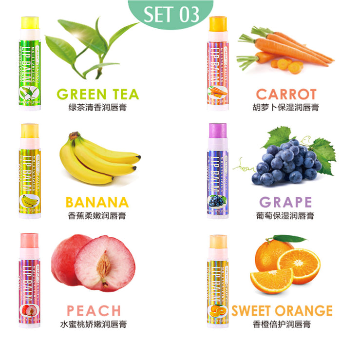 6 pcs Lip Balm set, Lip Dryness Relieves Moisturizing Refreshing Vitamin E Lip Balm with Honey Fruit Lipstick 6pcs Set (Set03)