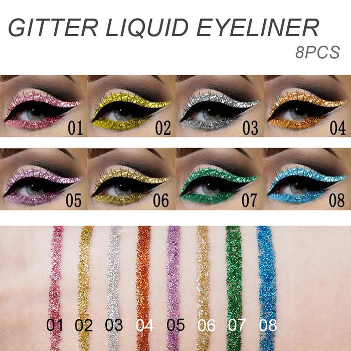 8 Colors Glitter Eyeliner Liquid Makeup Set delineadores de colores,DNM Eye Glitter Liquid Eyeliner Colorful Set Gold Silver Sparkling Shimmer Liquid Eyeliner Liner for Eyes Eyeshadow Waterproof 01