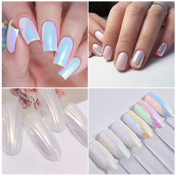 Mermaid Chrome Nail Powder  Iridescent Pearl White Chrome Powder For