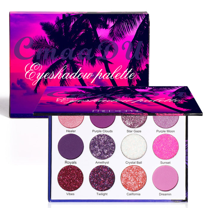 12 Colors Bright Glitter Eyeshadow Palette Natural High Pigmented Purple Pink Makeup Colorful Vibrant Make Up Pallets Kit (12 Colors Purple)