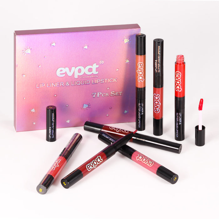 evpct 7Pcs Pink Red Glitter Matte Lip Liner and Liquid Lipstick Set Kit Long Lasting, Matte to Lip Glitter Metallic Dark Red Sparkle Sparkly Glossy Permanent Liquid Lipsticks Lip Gloss Set for Women