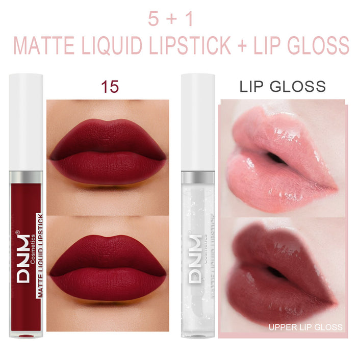 5Pcs Matte Liquid Lipstick+1Pcs Clear Lip Plumping Plumper Gloss Oil Makeup Set Kit, Long Lasting Waterproof Moisturizing Velvet High Pigmented Lipstick Lip Stain Glaze Makeup Gift Sets for Women 04