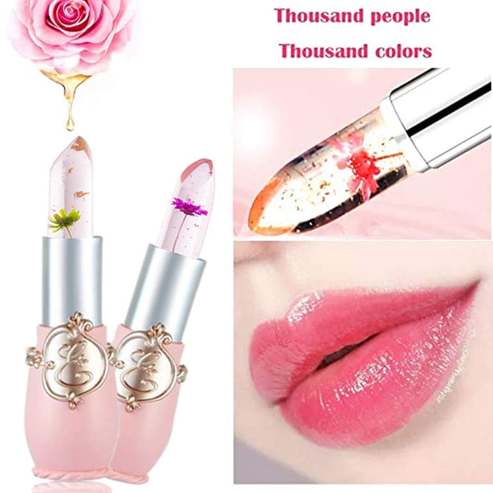 2Pcs Jelly Flower Crystal Magic Lipstick,PH Clear Color Change Changing Jelly Flower Lipstick Lip Balms Gloss Stain Tint Set for Women Girls Aloe Gel Lipstick With Flower Bulk Long Lasting Waterproof