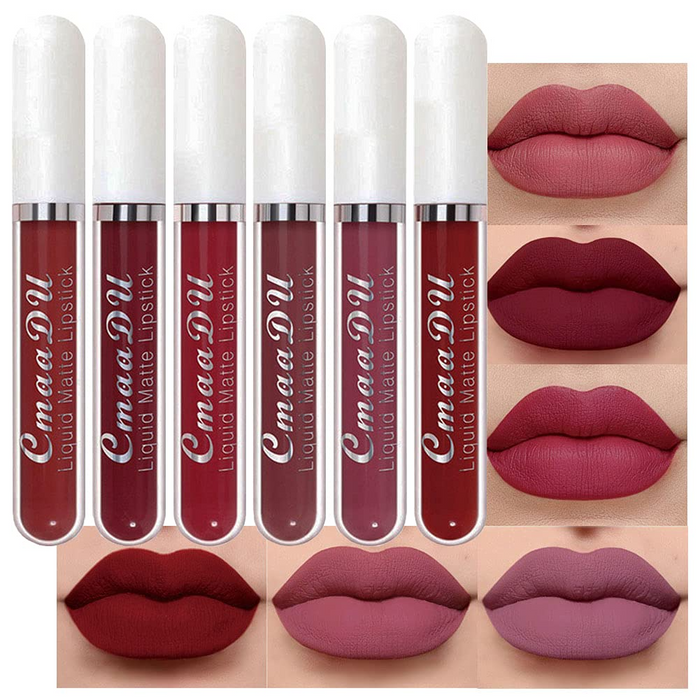CmaaDu 6Pcs Matte Liquid Lipstick Lipgloss Lip Gloss Stain Makeup Set for Women, Deep Dark Red Original 24 Hour Matte Lipstick Long Lasting labiales matte mate larga duracion 24 horas originales A-02
