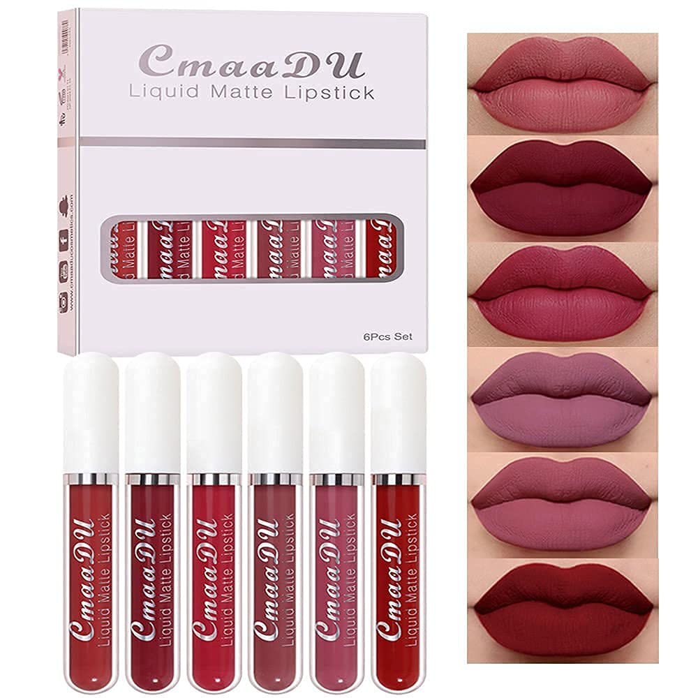 CmaaDu 6Pcs Matte Liquid Lipstick Lipgloss Lip Gloss Stain Makeup Set for Women, Deep Dark Red Original 24 Hour Matte Lipstick Long Lasting labiales matte mate larga duracion 24 horas originales A-02